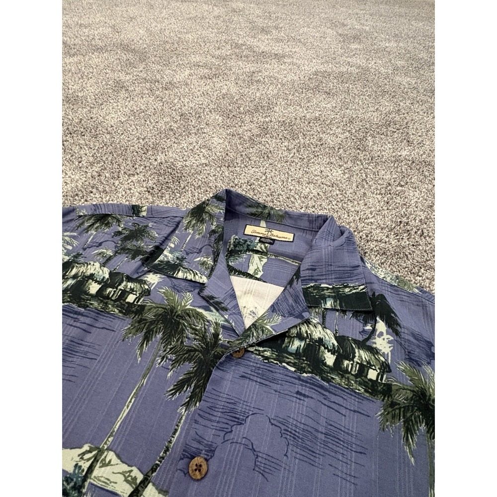 Tommy Bahama Mens Medium Blue Silk Tropical Island Palm Tree Camp Shirt S/S